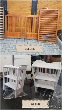 the before and after shots of an outdoor wooden bench with slatted screens on it