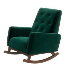 a green rocking chair with buttons on the back and seat upholstered in wood