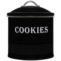 a black canister with the words cookies on it