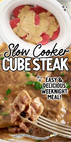 the cover of slow cooker cube steak with gravy and delicious weight meal