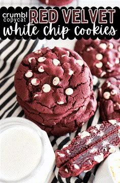 red velvet white chip cookies on a black and white striped tablecloth with text overlay