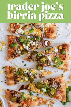 the cover of trader joe's birria pizza with peppers, jalapenos and other toppings