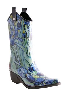 Stay dry in vibrant printed Western-style rain boot with a pull tab topline, pointed toe and durable block heel. Waterproof: protects against rain, puddles and slush to keep feet dry in wet conditions 2" heel 9 1/4" shaft; 13" calf circumference Rubber upper/textile lining/rubber sole Imported Rain Boots Fashion, Rain Boots Women, Costume Shoes, Cowboy Style, Rain Boot, Irises, Pump Sandals, High Heel Boots, Shoes Heels Boots