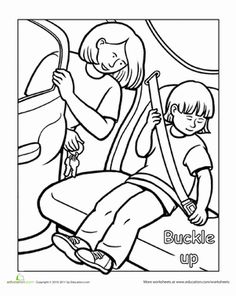 a coloring page with the words buckle up and an image of a woman holding a baby