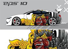 the side and back view of a car with an angry demon on it's hood