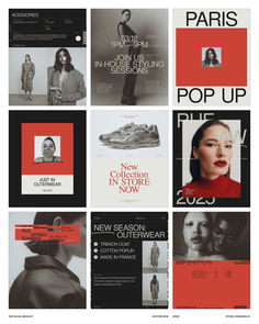 an advertisement for the new season of paris pop up, with images of models in red and black