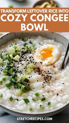 a bowl filled with rice and topped with an egg