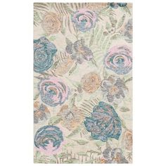 an area rug with flowers and leaves in pastel blue, green, pink and beige colors