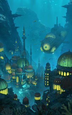 an underwater city with lots of buildings and lights