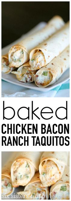 baked chicken bacon ranch taquitos on a white plate with the title in the middle