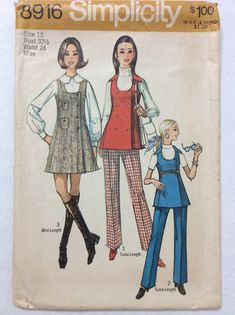 "Simplicity 8916 Misses' Mini Jumper, Tunic, and Pants sewing pattern Please refer to photo of envelope backing for pattern description. Size 10 Bust 32.5\" Waist 24\" Hip 34.5\" Pattern tissue: All 11 pieces counted. All pieces neatly cut on or near the cut line. May or may not have pinholes, small holes, and/or tailor's marks/notes (ie from tracing wheel, chalk, pen). More than normal wrinkling and creasing from use and storage but can be resolved with ironing. May have had pins from past owne 1970s Mini Skirt, Outfit Patterns, 70s Patterns, Tunic And Pants, Elastic Casing, Tunic Outfit, Jumper Patterns, Belt Top, Pants Sewing Pattern