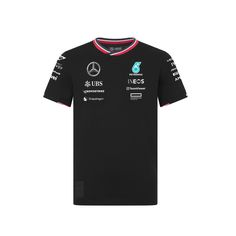 the mercedes team t - shirt is shown in black with red and white trims