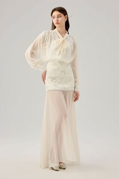 Material: 100% Polyester Elegant Sheer Chiffon Blouse, Elegant Formal Tops With Lace Sleeves, Formal Lace Tops With Sheer Sleeves, Formal Lace Blouse With Sheer Sleeves, Fitted Long Sleeve Silk Chiffon Top, Chiffon Long Sleeve Wedding Top, Long Sleeve Chiffon Wedding Top, Elegant Silk Chiffon Blouse With Sheer Sleeves, Elegant Silk Chiffon Party Blouse