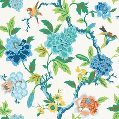 a floral wallpaper with blue flowers and green leaves