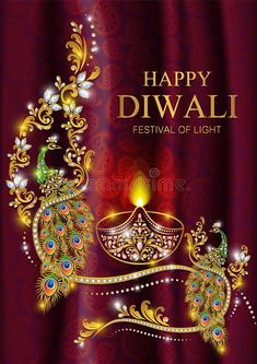 happy diwali festival with peacocks and candles royalty illustration