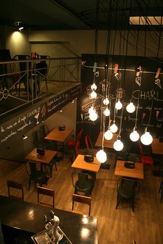 an overhead view of tables and chairs in a room with chalkboards on the wall