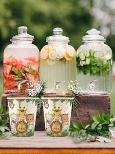 three glass jars filled with different types of drinks on top of a wooden table next to greenery