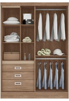 an open wooden closet with clothes and other items