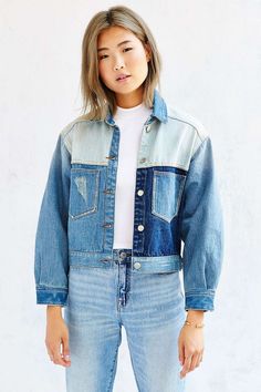 Patchwork denim jacket Denim Inspiration, Diy Vetement, Denim On Denim, Denim Ideas, Trendy Swimwear, Double Denim, Denim Diy, Skateboarder