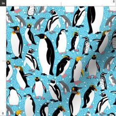 penguins on blue background with circles and dots