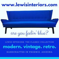 a blue couch with the words modern vintage retro on it