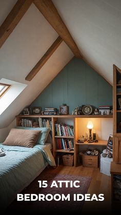 an attic bedroom with bookshelves, bed and desk in the corner is featured on this page