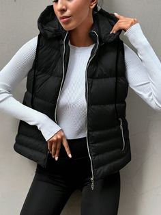 Zip Up Hooded Puffer Vest Coat Black Casual  Sleeveless Woven Fabric Plain vest,Puffer Non-Stretch  Women Clothing, size features are:Bust: ,Length: ,Sleeve Length: Plain Vest, Outerwear Women Winter, Hooded Tee, Mens Winter Coat, Vest Coat, Flare Leg Pants, Casual Athletic, Womens Baseball Cap, Belted Coat