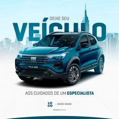 a blue car is shown in front of a cityscape with the words veiculo