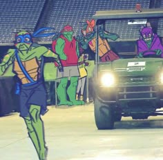 an animated image of teenage mutant turtles running in front of a truck with people dressed as tmnt's