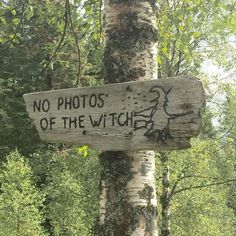 a wooden sign that says no photos of the witch on it next to a tree