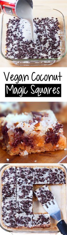 vegan coconut magic squares in a glass baking dish with a spatula on top