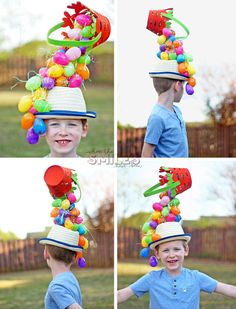 four pictures of a young boy wearing a hat made out of balloons and straws