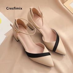 Cresfimix Women Classic Beige Square Heel Shoes for Party Ladies Classic Black Pu Leather Night Club Sepatu Pump, Shoes For Party, Medium Heel Shoes, Beige Square, Party Ladies, Casual High Heels, Ankle Strap High Heels, Point Shoes, Girly Shoes