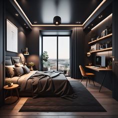 a bedroom with black walls and wooden flooring