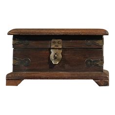 an old wooden chest with metal latches on the front and sides, isolated against a white background