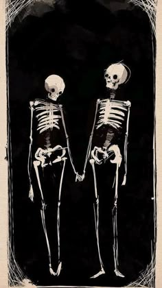 two skeletons standing next to each other in front of a black background with white writing on it