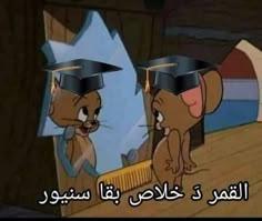 two cartoon mouses wearing graduation caps and looking at each other in front of a mirror