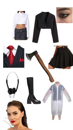 a collage of different outfits and accessories including shoes, headbands, jacket, shirt, skirt, tie