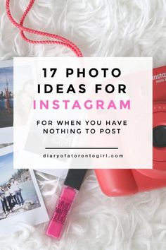 an instagram with pink lipstick, polaroid camera and photos