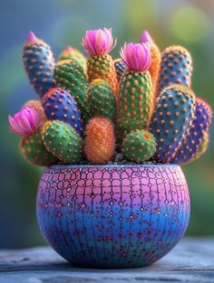 a colorful potted cactus with pink and green flowers on it's top, sitting on a wooden table