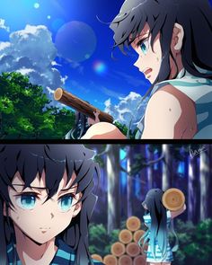 two anime characters in the same scene, one is holding a log and the other is looking