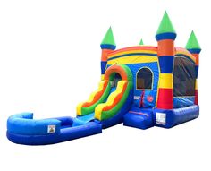 an inflatable bounce house with slide and blow up