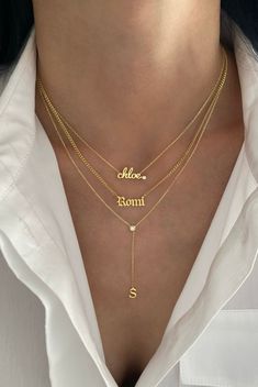 Customize this classic gothic name necklace with the name or word of your choice. 14K Yellow, White or Rose Gold Dainty curb chain - 1mm thickness Letter measurement ranges from 5mm - 8mm depending on the letter Length: Based on number of letters - up to 10 allowed FINAL SALE Cheap Nameplate Necklace, Luxury Engraved Name Necklace In Fine Jewelry Style, Luxury Personalized Anniversary Custom Necklace, Name Chain Aesthetic, Luxury Yellow Gold Name Necklace For Anniversary, Layered Name Necklaces Gold, Chains With Names Gold, Custom Gold Necklace Name, Luxury Personalized Nameplate Necklace Gift