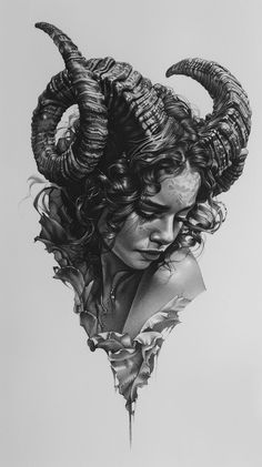 a drawing of a woman with horns on her head