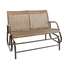 a bench made out of wicker with metal frame and back rests against a white background