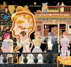 an illustration of people standing in front of a store with the words 20th anniversary written on it