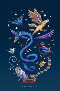 an image of birds flying around the world with teacups and stars in the sky