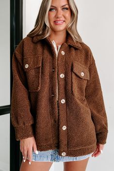 100% POLYESTER Model Wearing Size Small Color: Brown Sherpa/Teddy Material Collared Chest Pockets Button-Front Relaxed/Slightly Oversized Fit Fabric Does Not Have Stretch 16" Armpit To Sleeve End 17" Armpit To Hemline For Model Size Specs Please Check Size Charts + Live Feed Notes Below Launched: 8/21/23 Brown Sherpa Outerwear For Cold Weather, Teddy Coat Brown, Brown Sherpa Outerwear With Fleece Lining, Brown Sherpa Outerwear With Faux Fur Lining, Fuzzy Brown Jacket, Brown Sherpa Outerwear With Pockets, Teddy Jacket, Teddy Coat, Flying Monkey Jeans