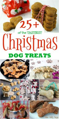 the cover of 25 christmas dog treats, including cookies and crackers with text overlay that reads 25 + of the tastiest christmas dog treats