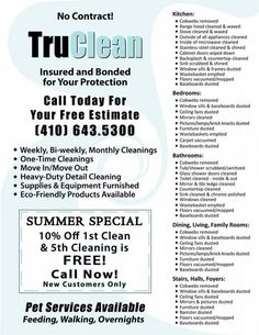 a flyer for a cleaning company with the words tru clean on it's side